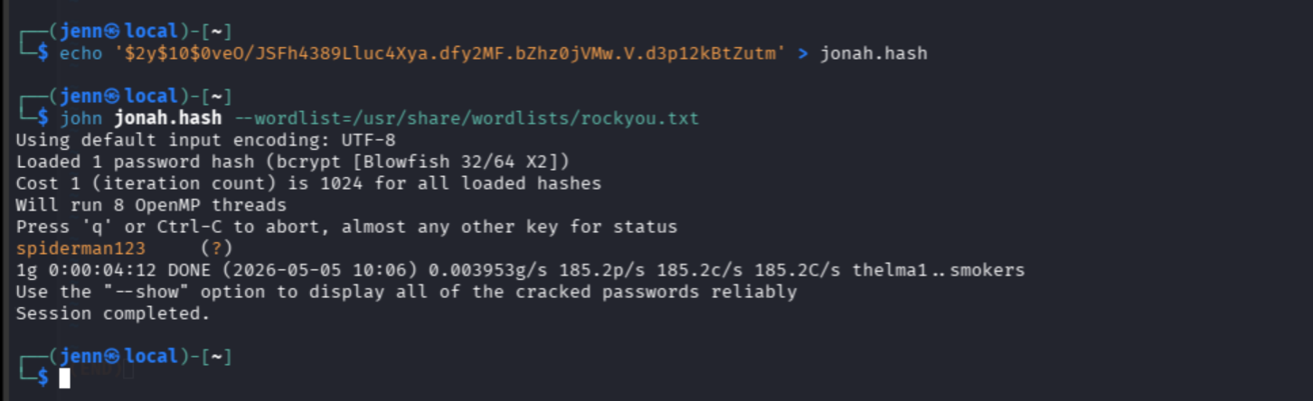 john cracking bcrypt hash to spiderman123